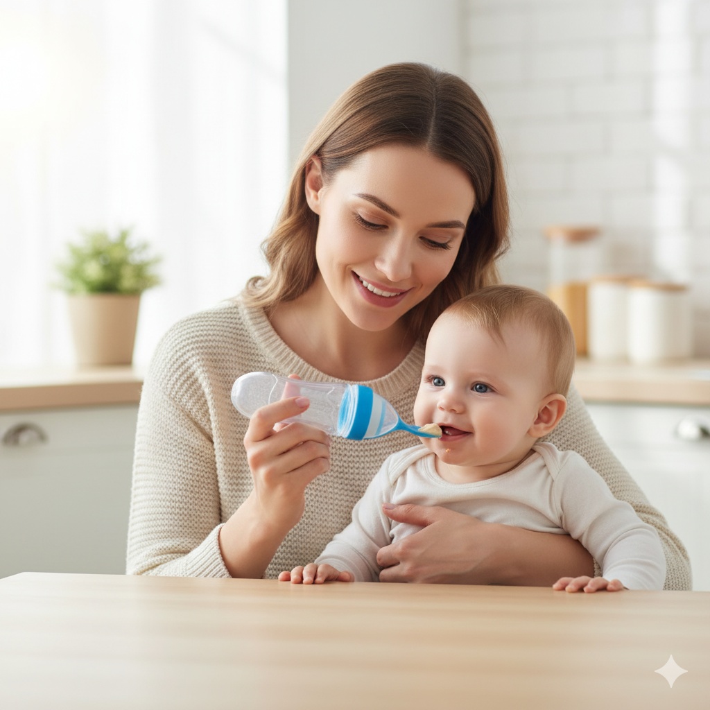 MimiiMe- 2-in-1 Silikon-Quetschflasche mit Löffelaufsatz